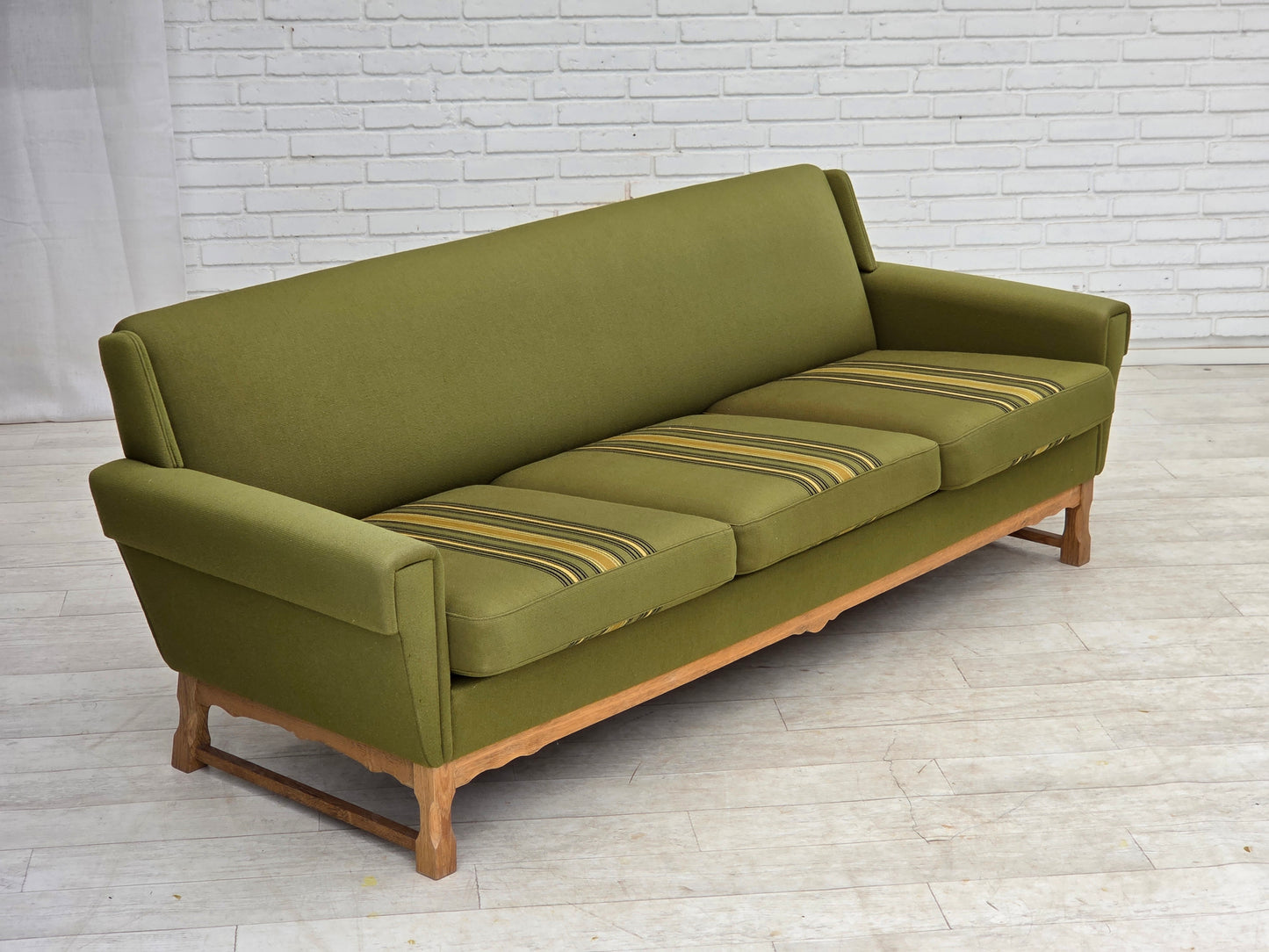 1970s, 3-seater Danish sofa, green furniture wool, oak wood.