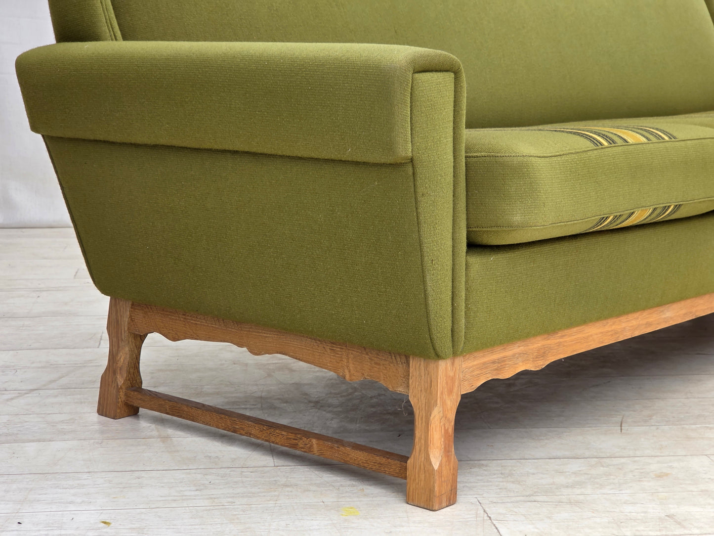 1970s, 3-seater Danish sofa, green furniture wool, oak wood.