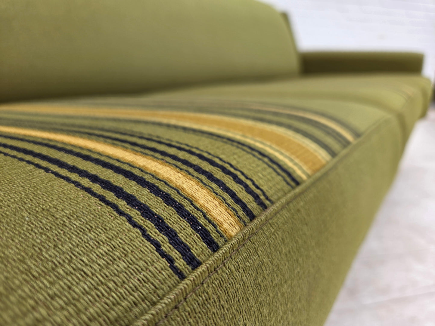 1970s, 3-seater Danish sofa, green furniture wool, oak wood.