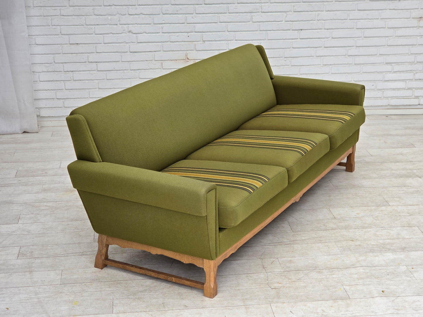 1970s, 3-seater Danish sofa, green furniture wool, oak wood.