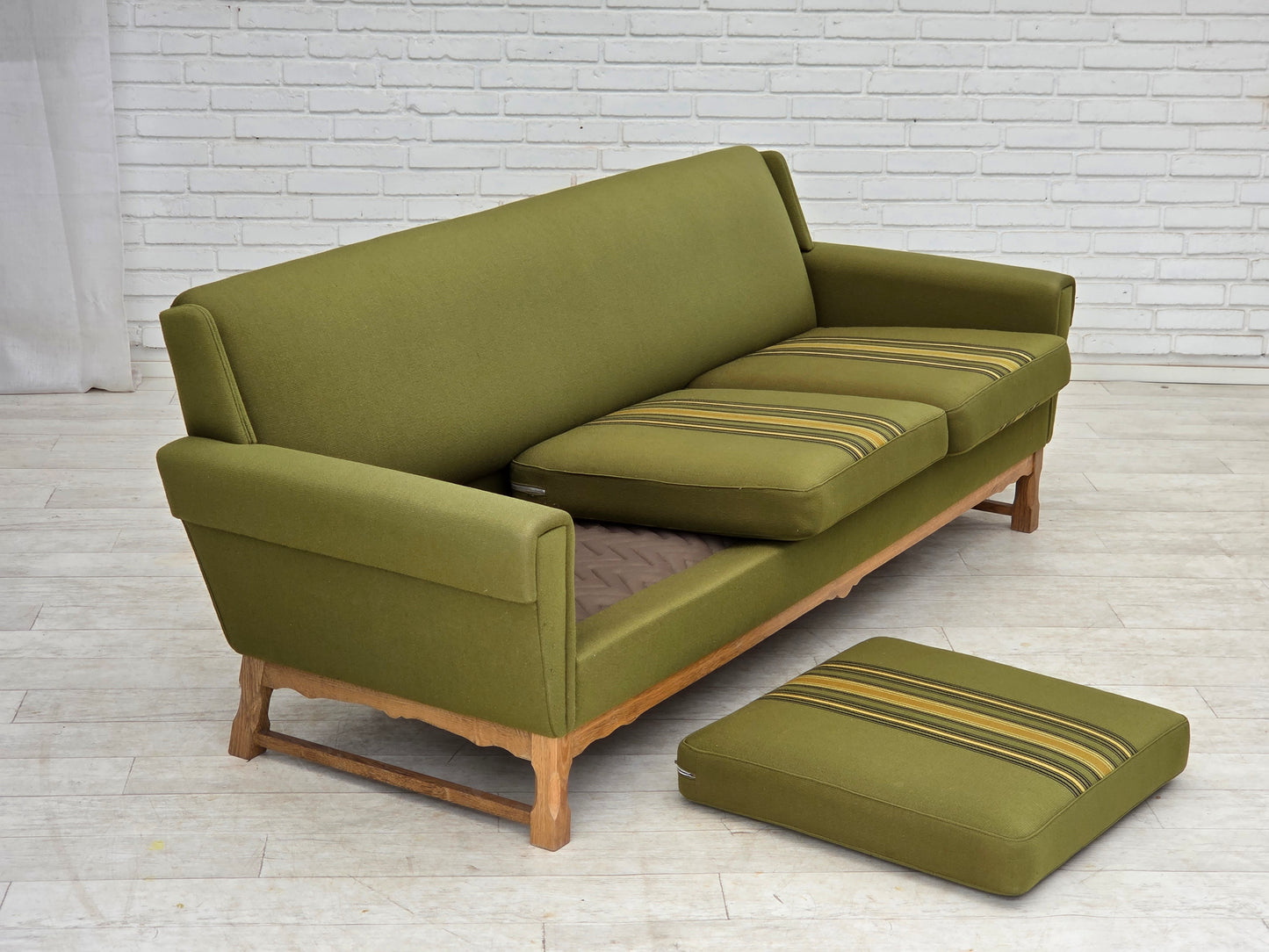 1970s, 3-seater Danish sofa, green furniture wool, oak wood.
