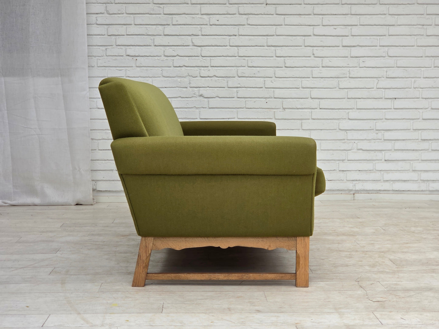 1970s, 3-seater Danish sofa, green furniture wool, oak wood.