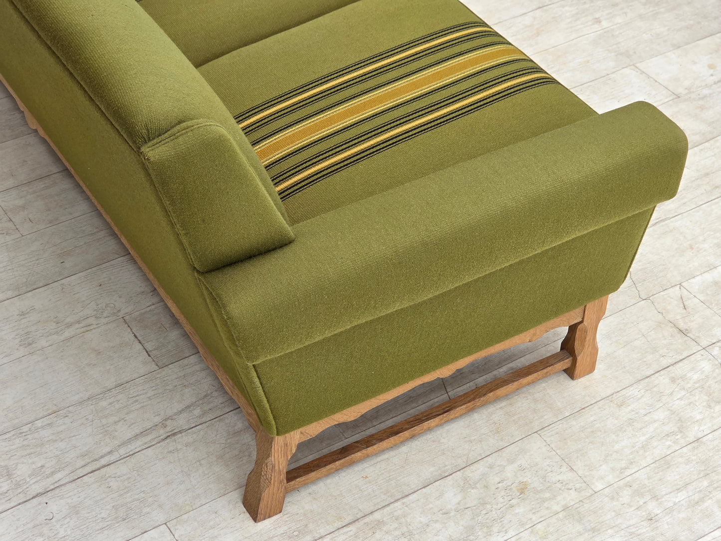 1970s, 3-seater Danish sofa, green furniture wool, oak wood.