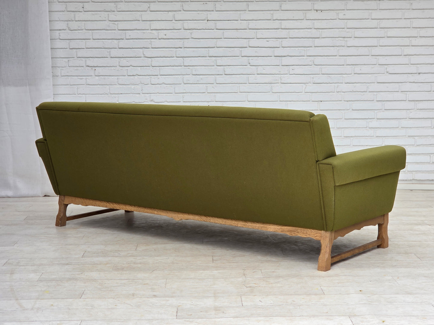 1970s, 3-seater Danish sofa, green furniture wool, oak wood.