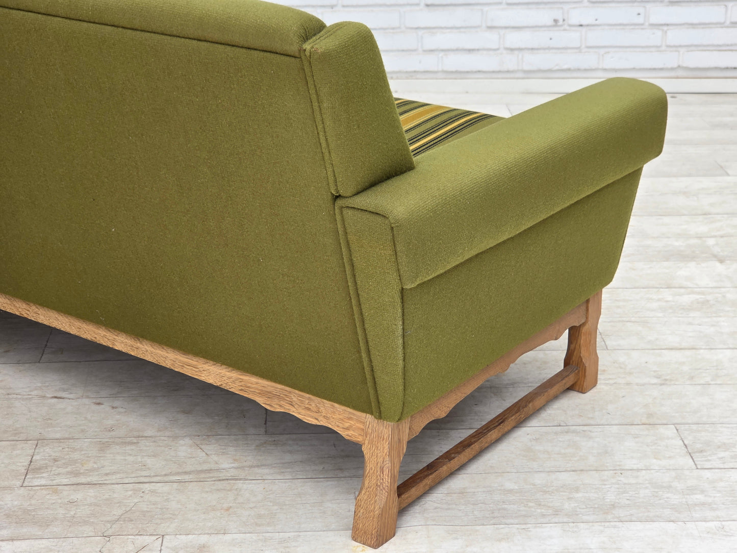 1970s, 3-seater Danish sofa, green furniture wool, oak wood.