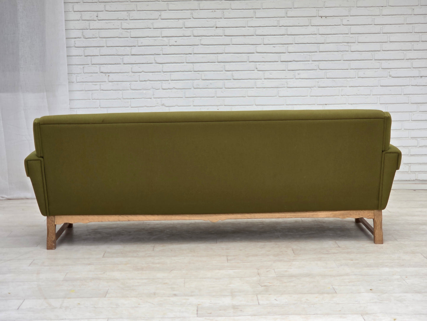 1970s, 3-seater Danish sofa, green furniture wool, oak wood.
