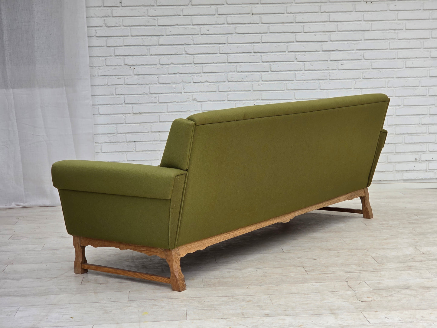 1970s, 3-seater Danish sofa, green furniture wool, oak wood.