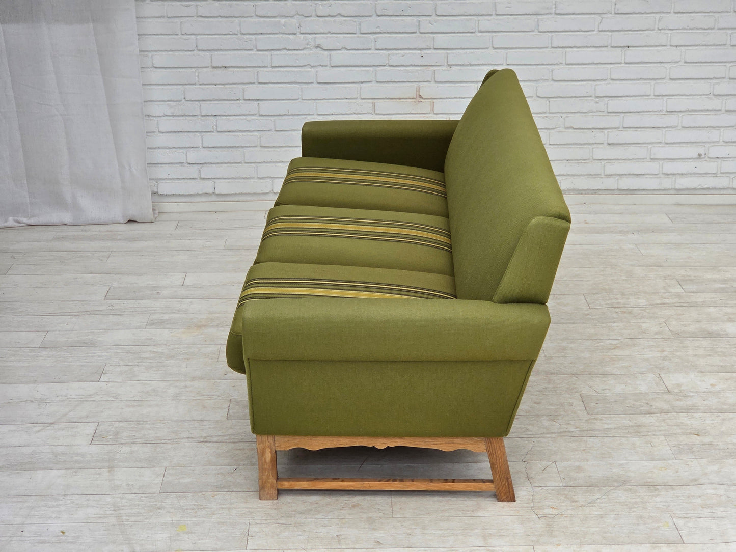 1970s, 3-seater Danish sofa, green furniture wool, oak wood.