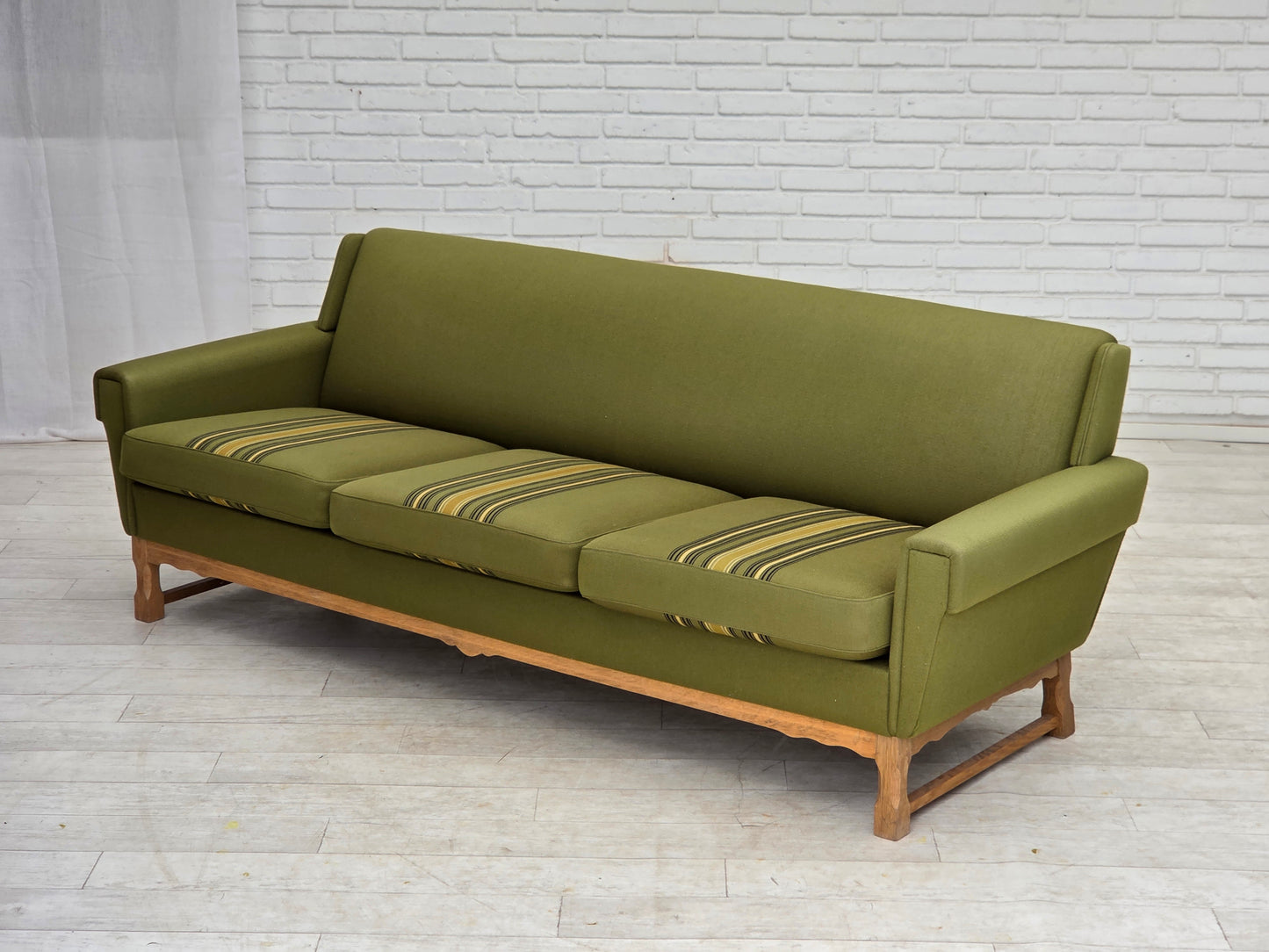 1970s, 3-seater Danish sofa, green furniture wool, oak wood.