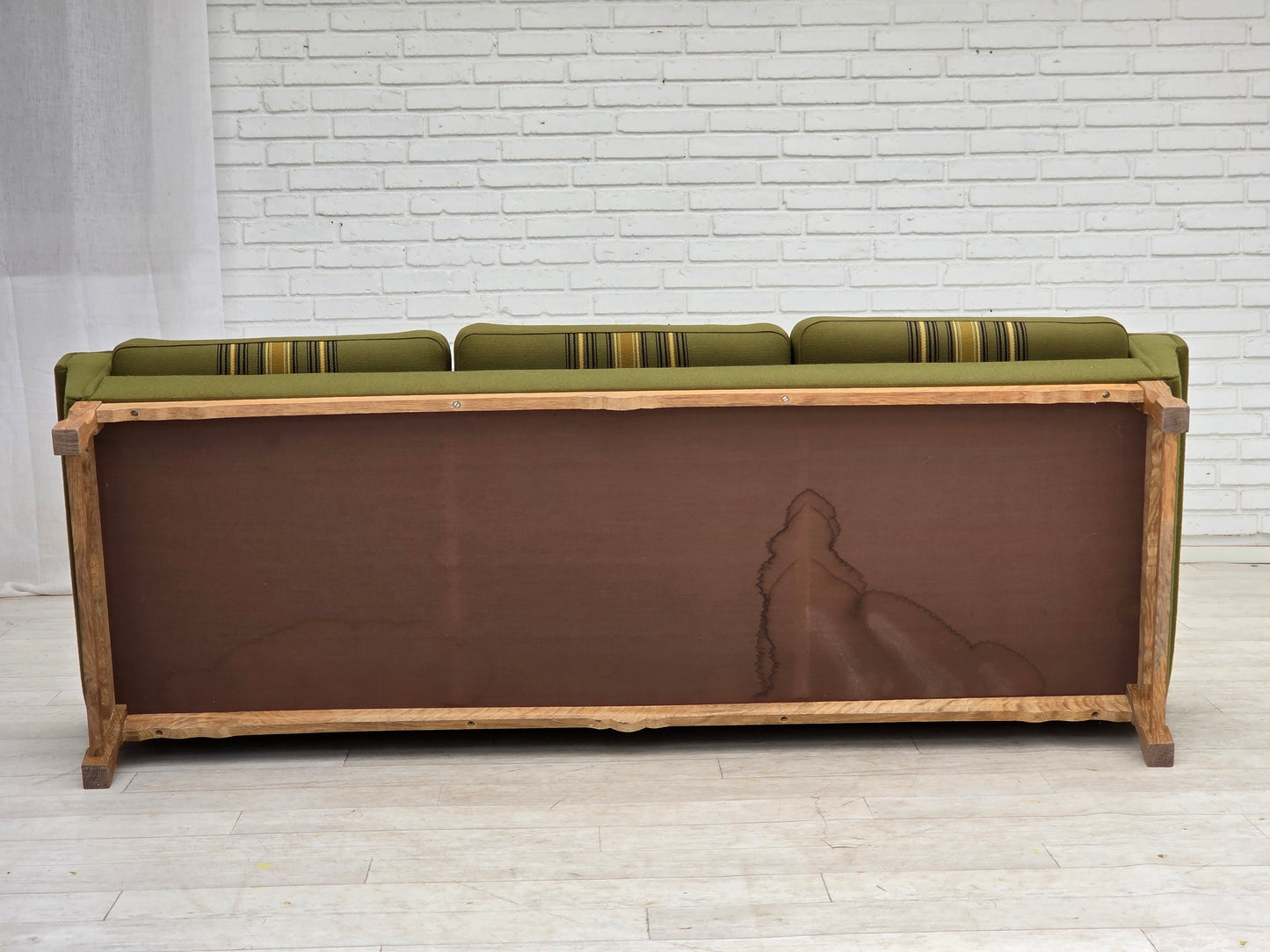1970s, 3-seater Danish sofa, green furniture wool, oak wood.
