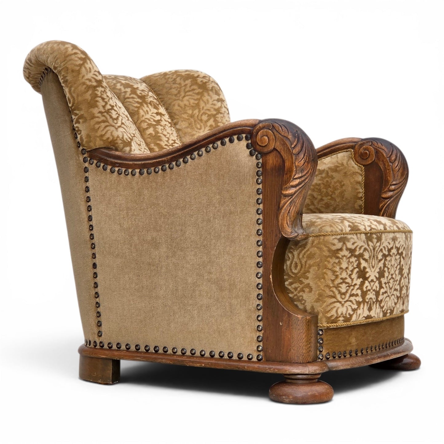 1950s, Danish relax armchair, furniture velour, carved oak wood.