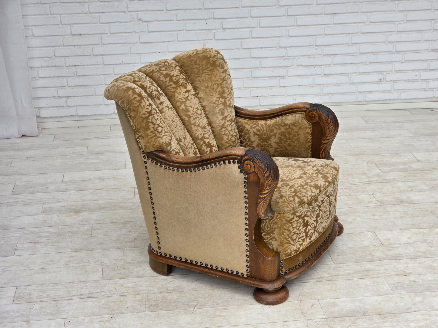 1950s, Danish relax armchair, furniture velour, carved oak wood.