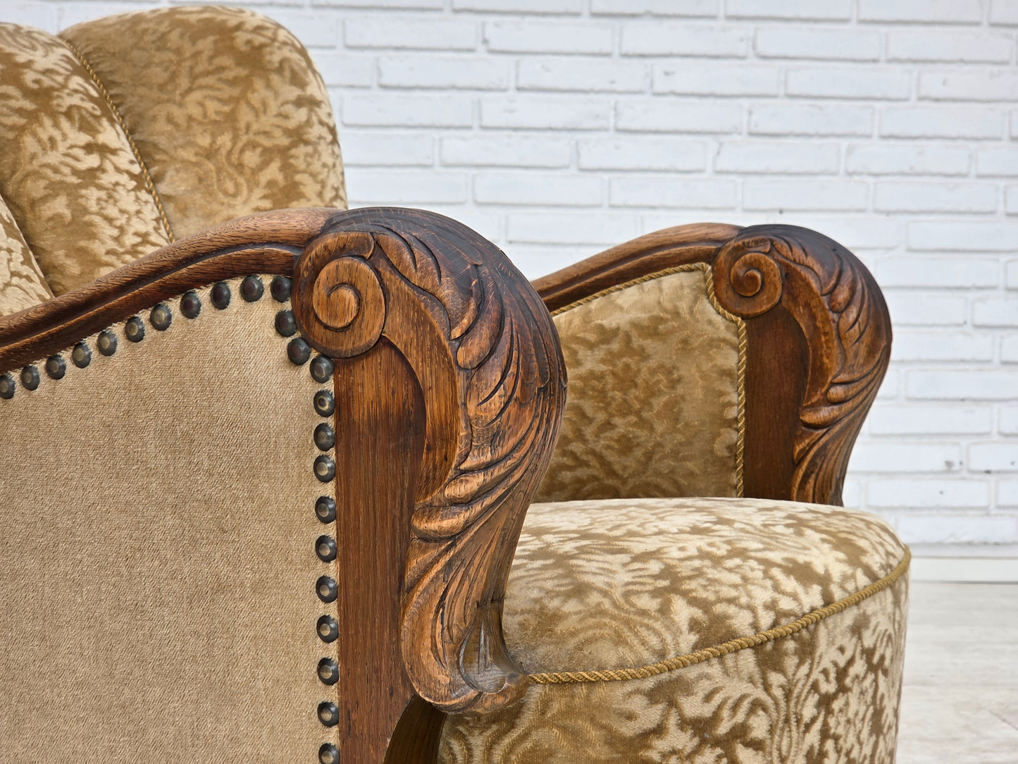 1950s, Danish relax armchair, furniture velour, carved oak wood.