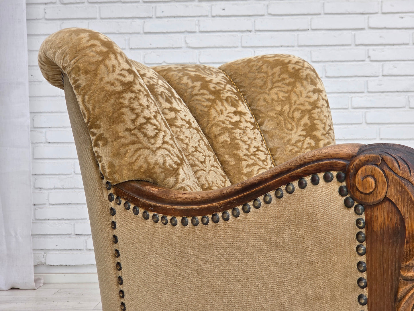 1950s, Danish relax armchair, furniture velour, carved oak wood.
