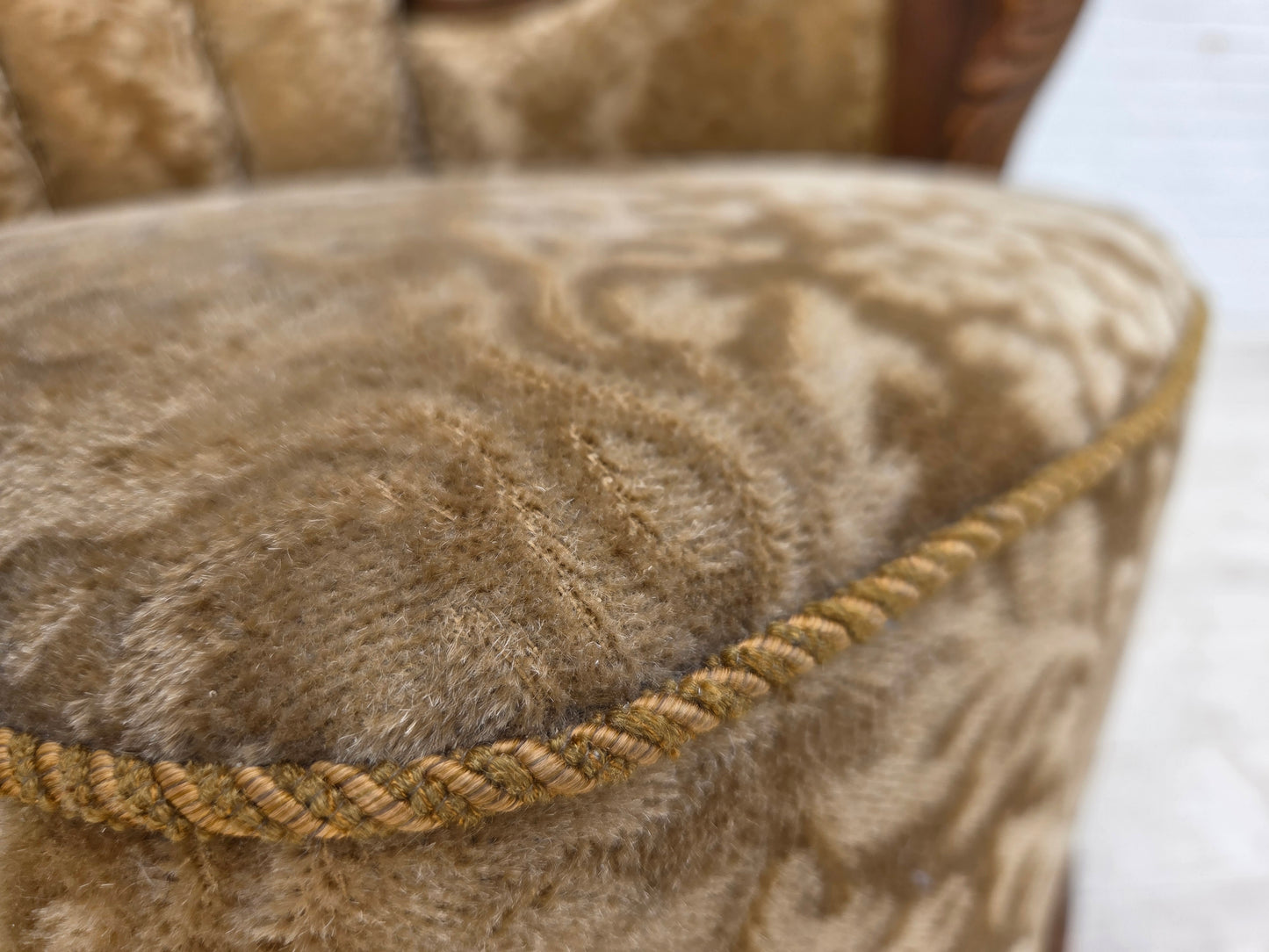 1950s, Danish relax armchair, furniture velour, carved oak wood.