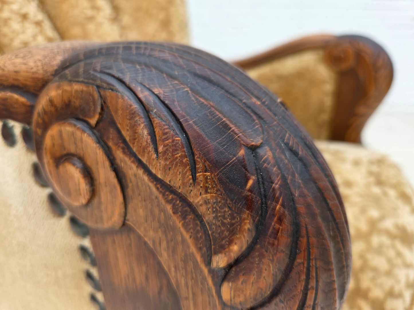 1950s, Danish relax armchair, furniture velour, carved oak wood.