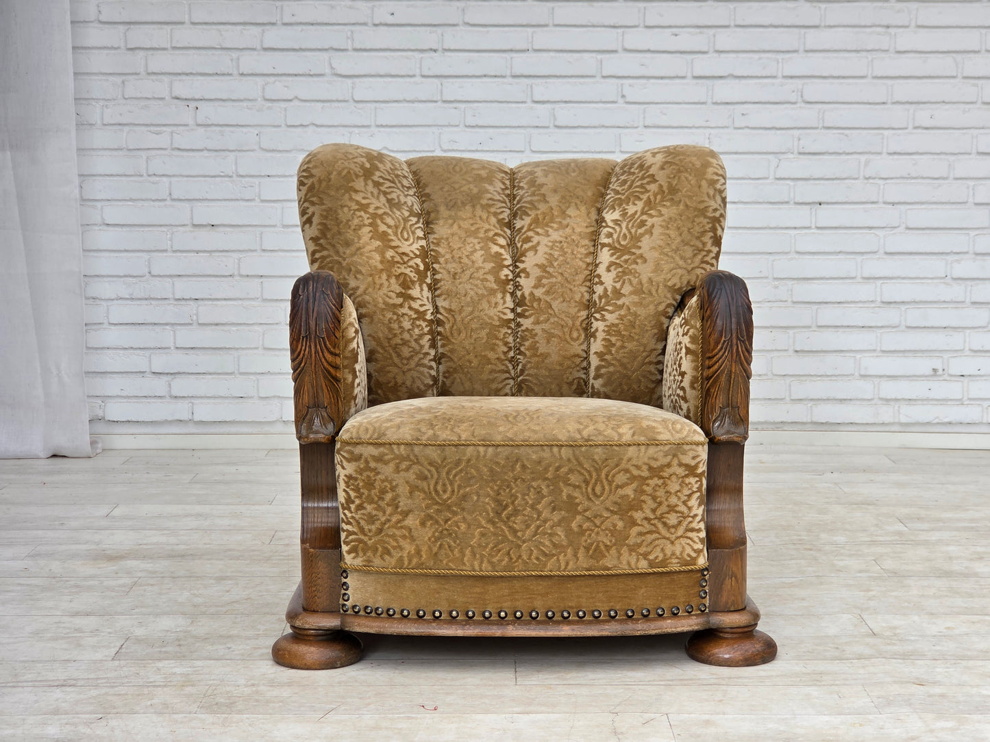 1950s, Danish relax armchair, furniture velour, carved oak wood.