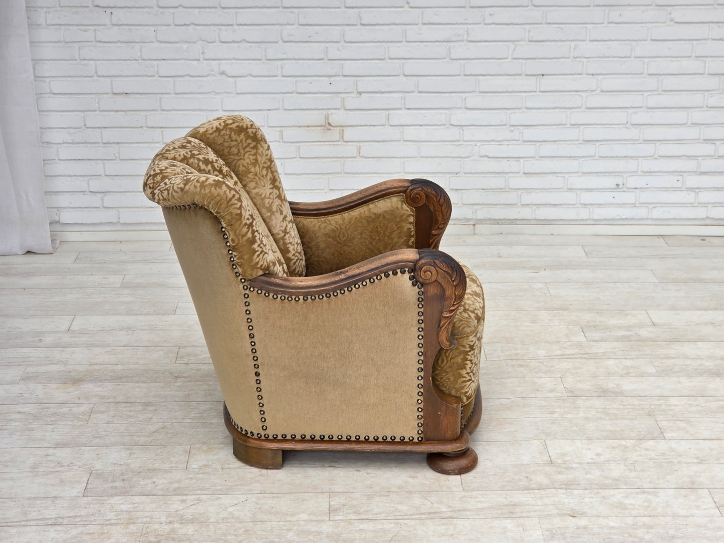 1950s, Danish relax armchair, furniture velour, carved oak wood.
