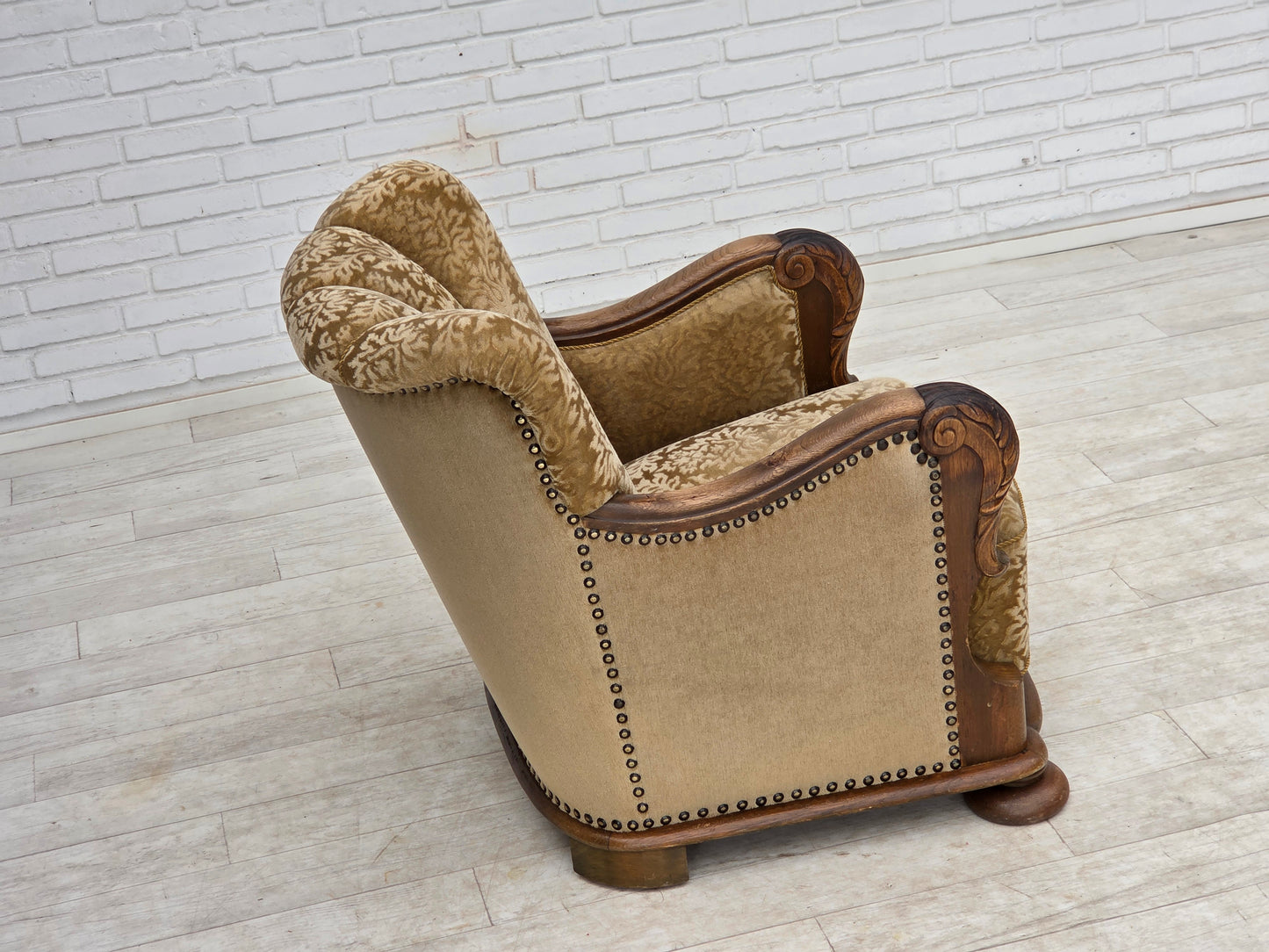 1950s, Danish relax armchair, furniture velour, carved oak wood.