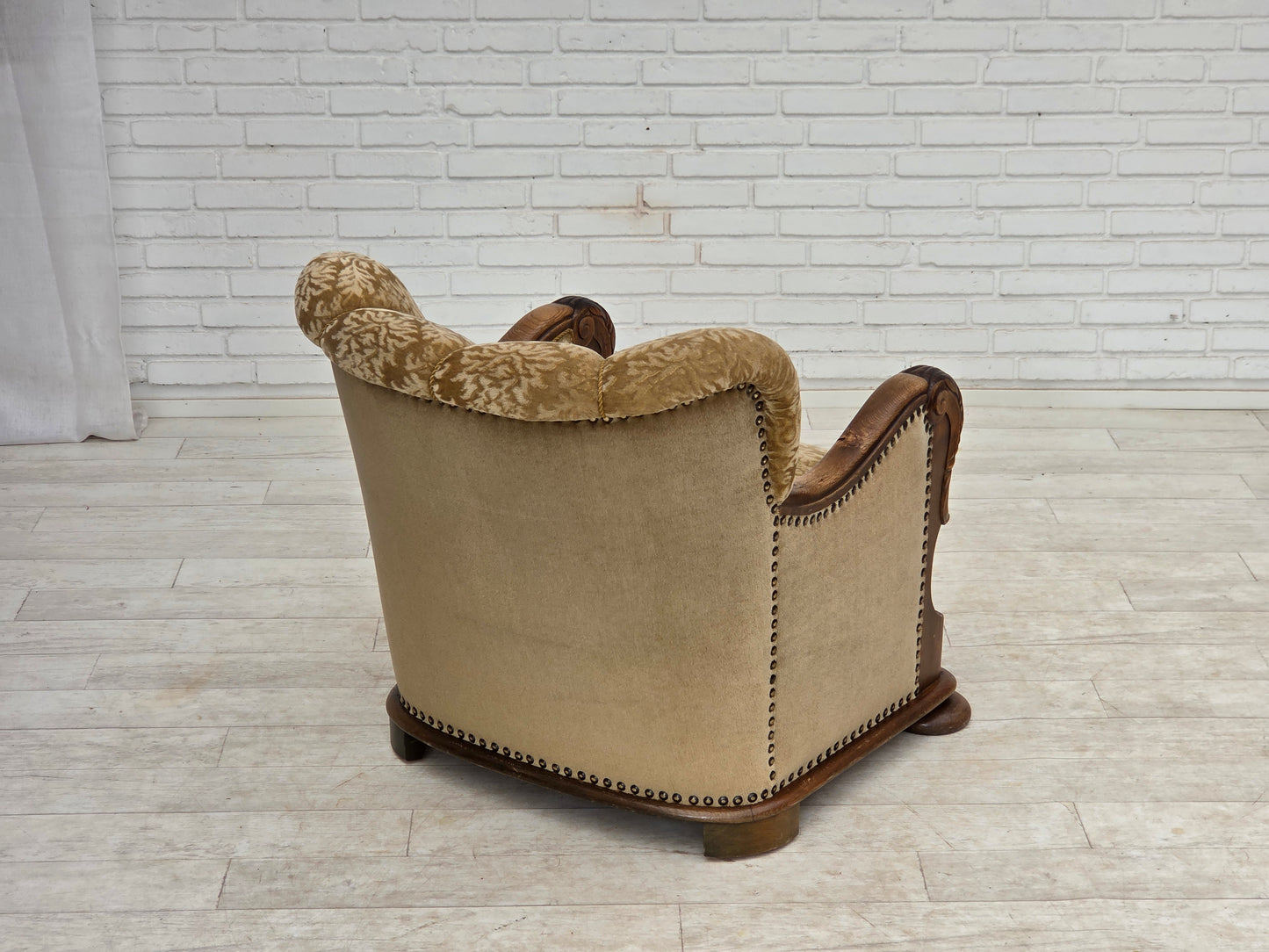 1950s, Danish relax armchair, furniture velour, carved oak wood.