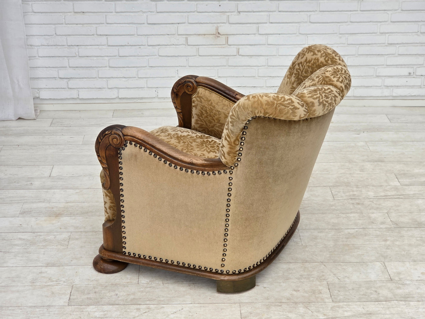 1950s, Danish relax armchair, furniture velour, carved oak wood.