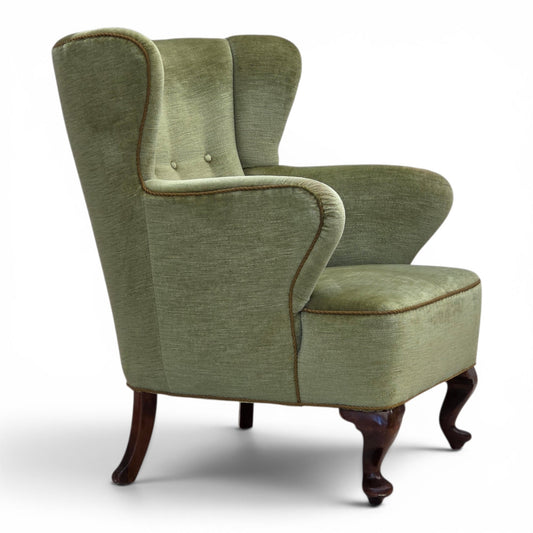 1960s, Scandinavian armchair, green furniture velour, oak wood legs.