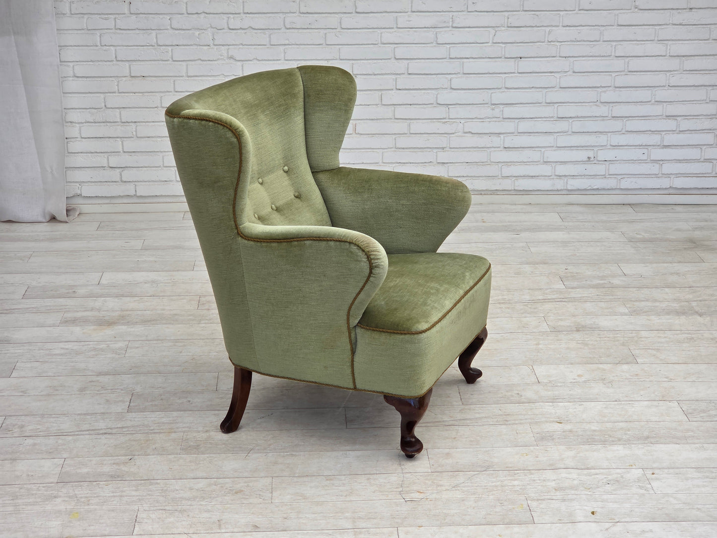 1960s, Scandinavian armchair, green furniture velour, oak wood legs.