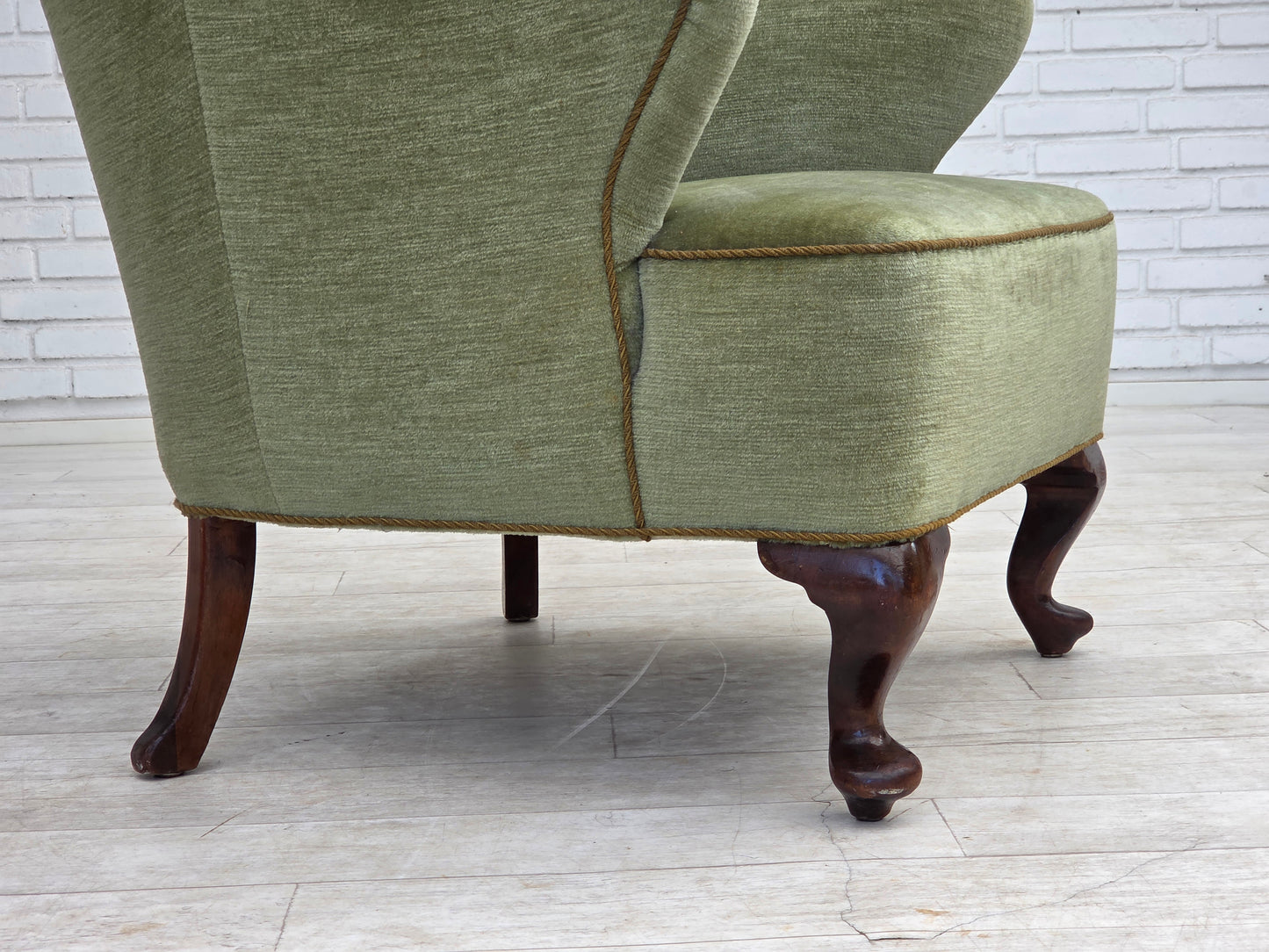 1960s, Scandinavian armchair, green furniture velour, oak wood legs.