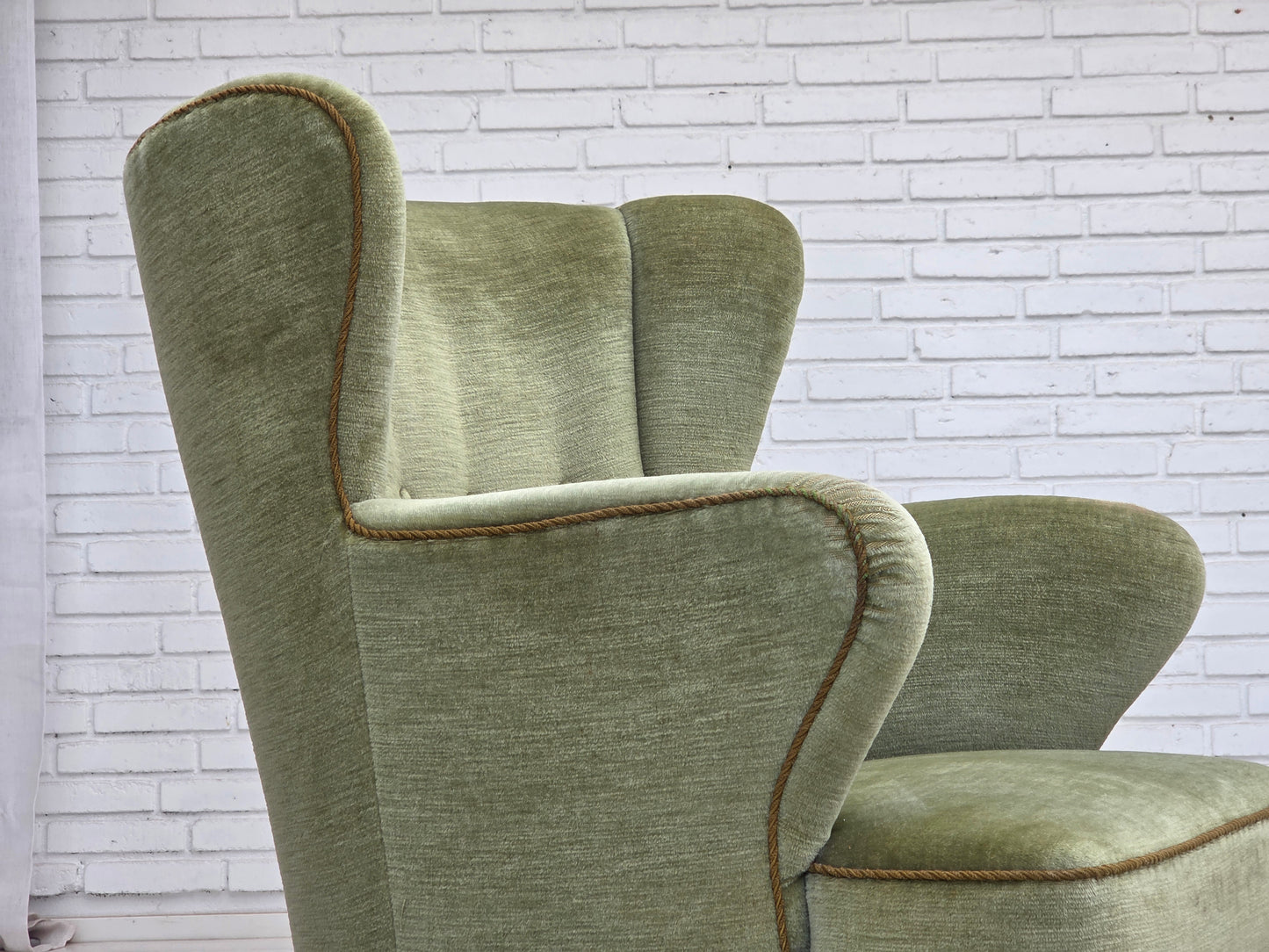 1960s, Scandinavian armchair, green furniture velour, oak wood legs.