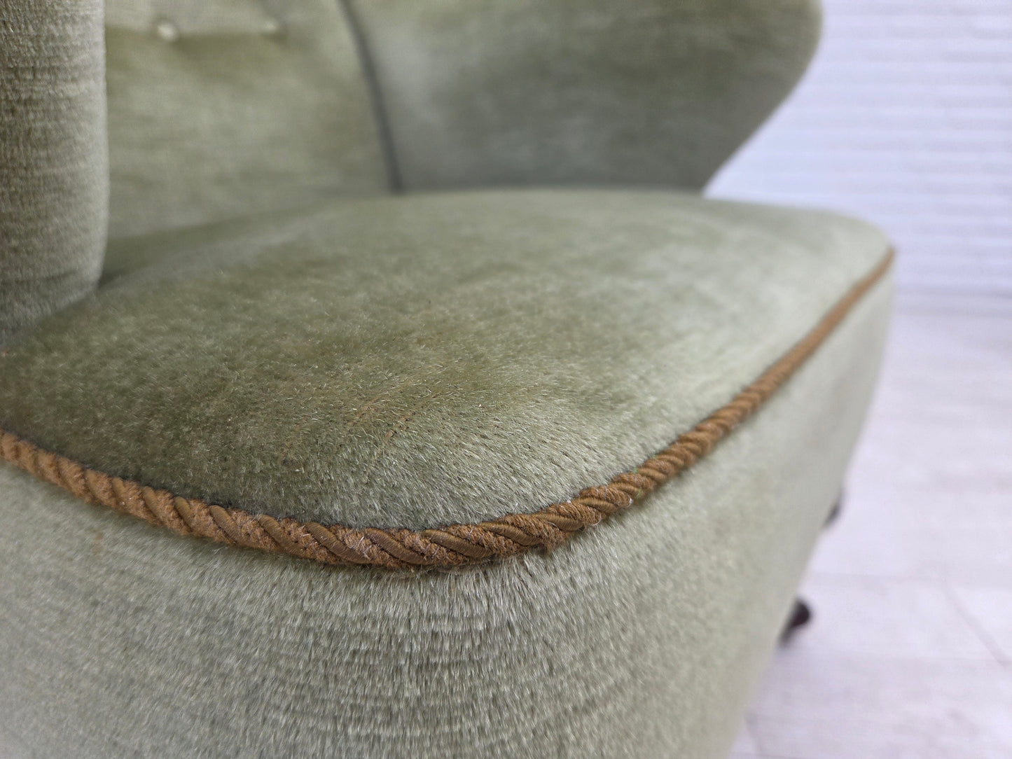 1960s, Scandinavian armchair, green furniture velour, oak wood legs.