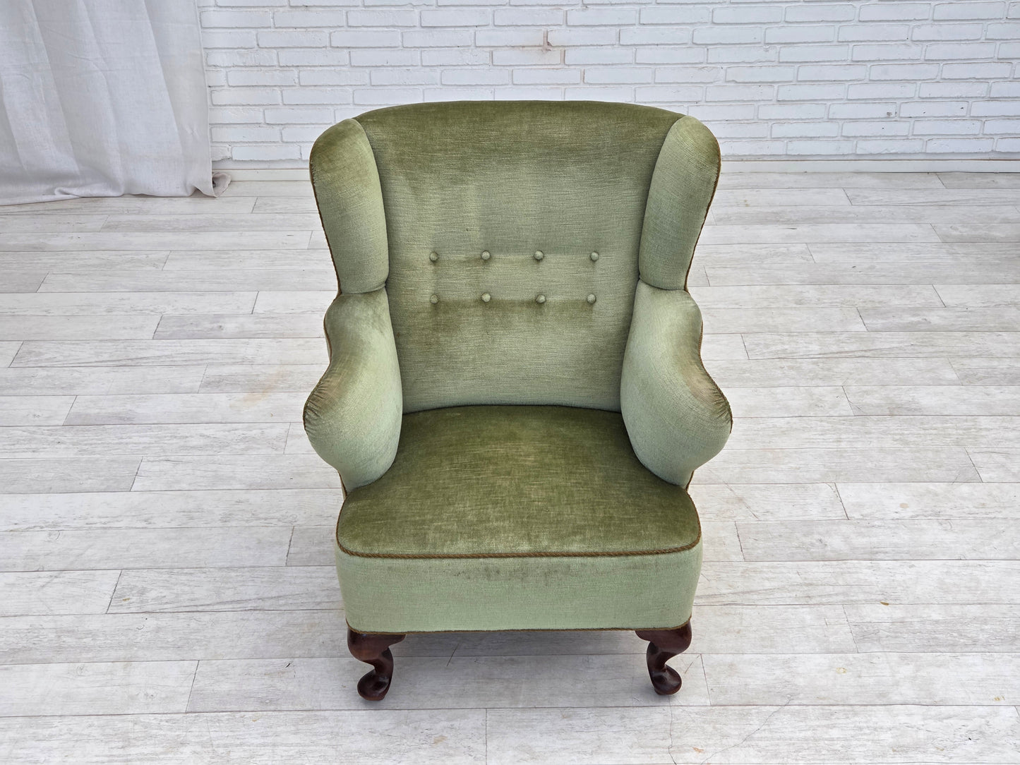 1960s, Scandinavian armchair, green furniture velour, oak wood legs.