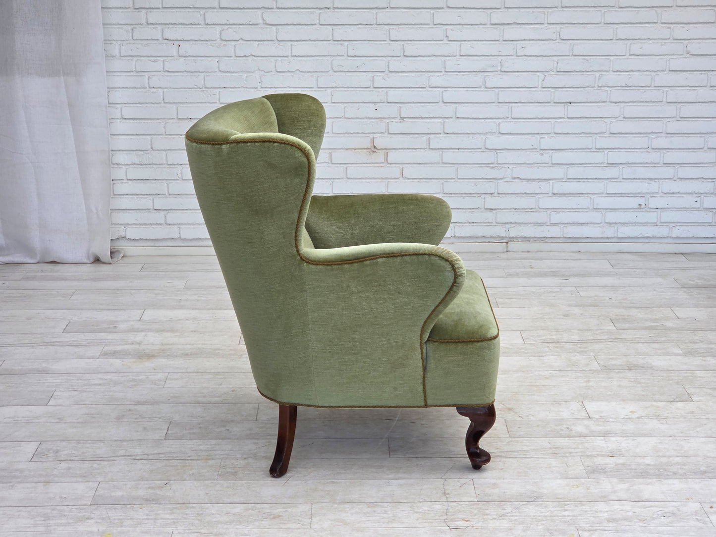 1960s, Scandinavian armchair, green furniture velour, oak wood legs.