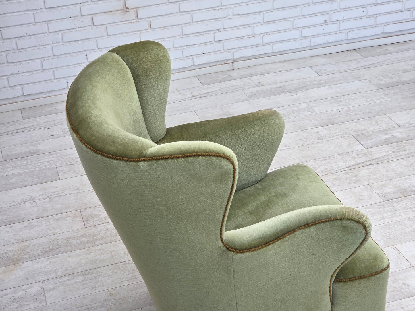 1960s, Scandinavian armchair, green furniture velour, oak wood legs.