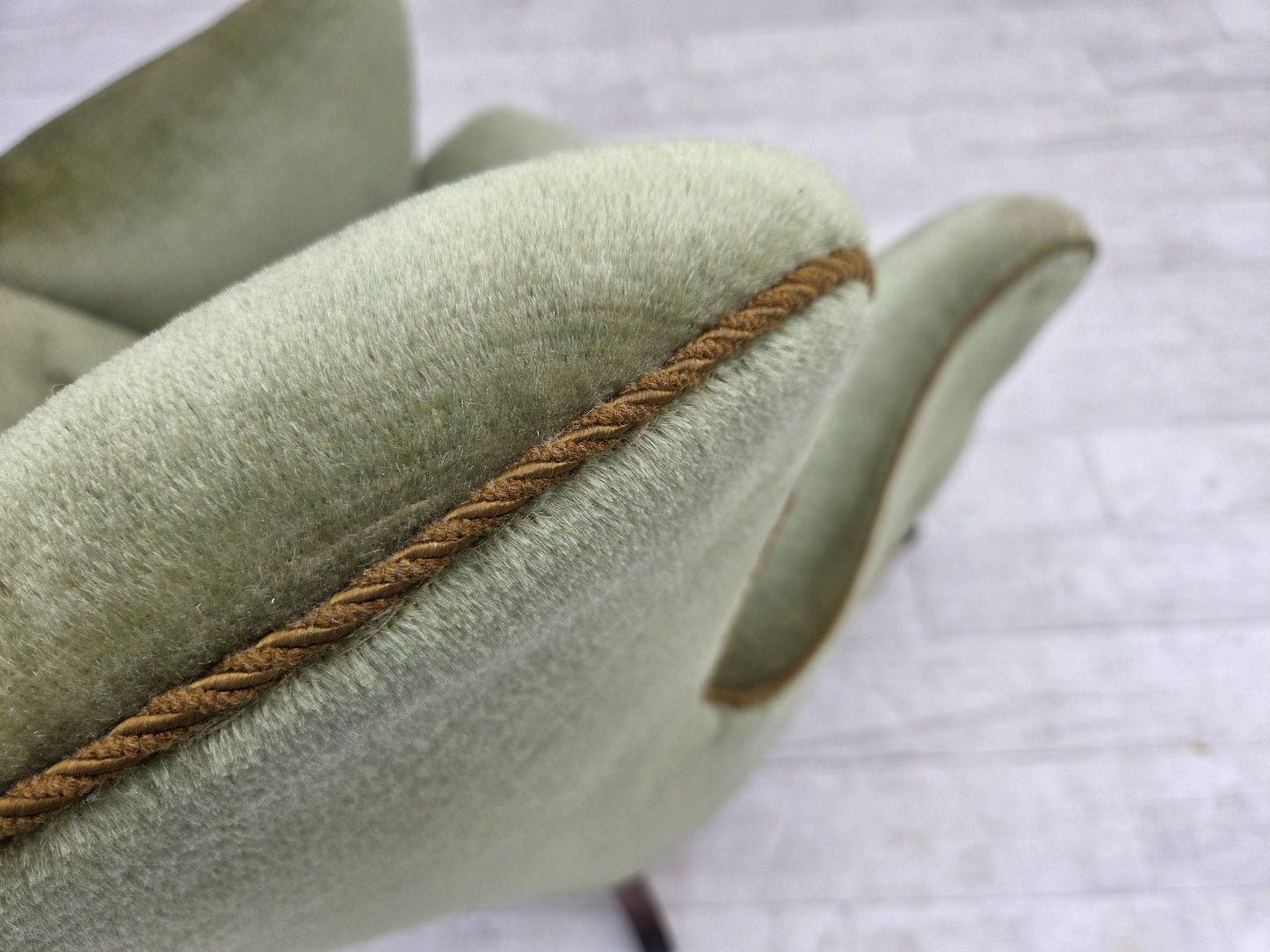 1960s, Scandinavian armchair, green furniture velour, oak wood legs.