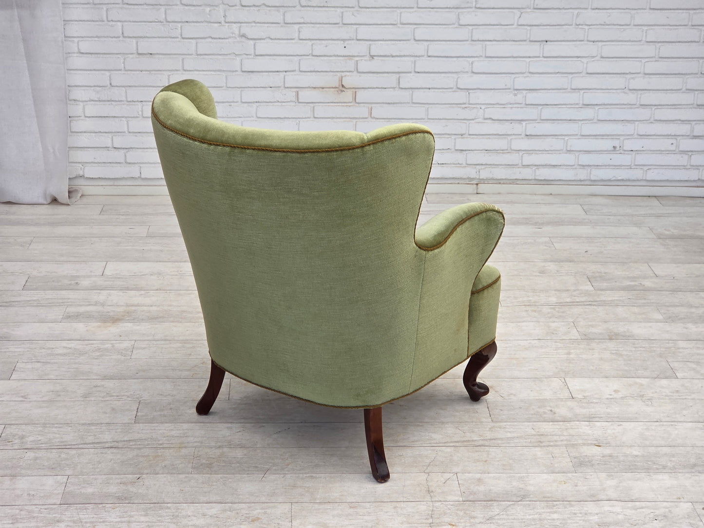 1960s, Scandinavian armchair, green furniture velour, oak wood legs.