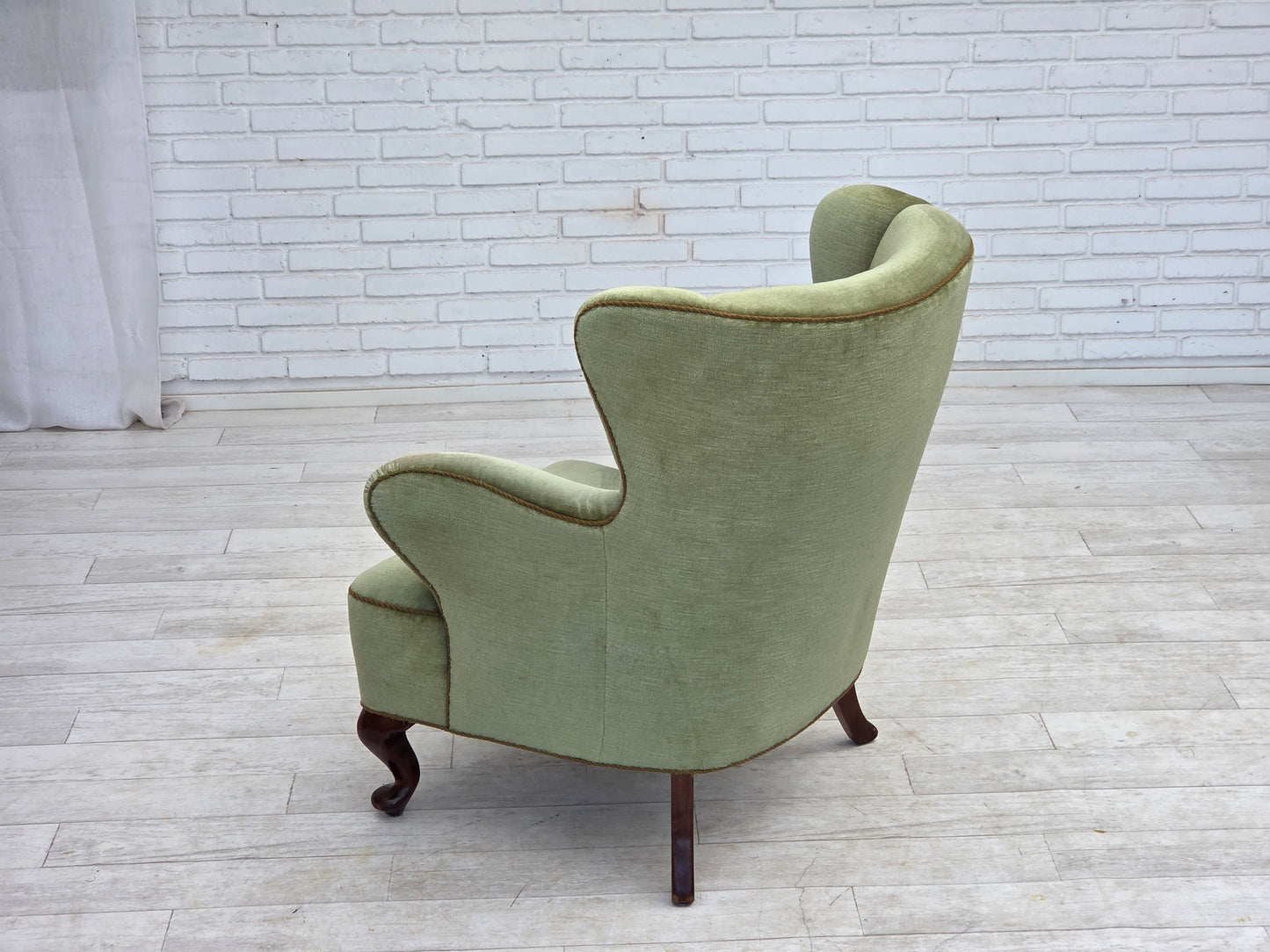 1960s, Scandinavian armchair, green furniture velour, oak wood legs.