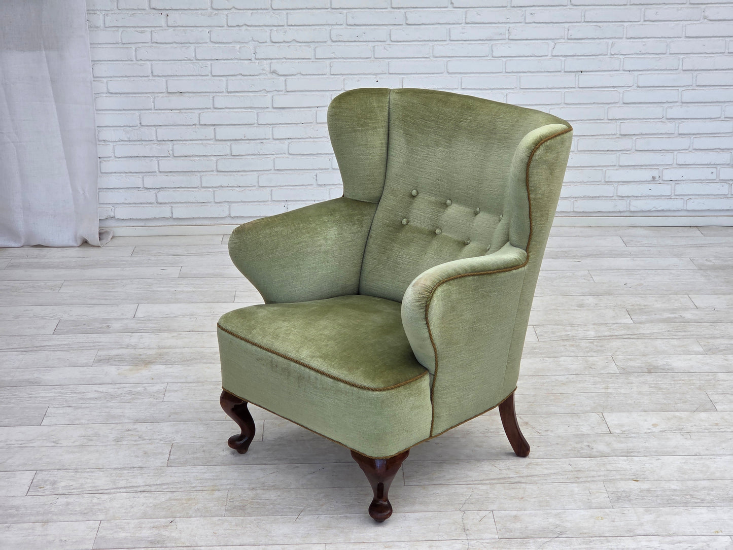 1960s, Scandinavian armchair, green furniture velour, oak wood legs.