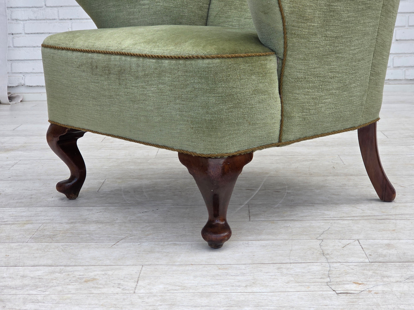 1960s, Scandinavian armchair, green furniture velour, oak wood legs.