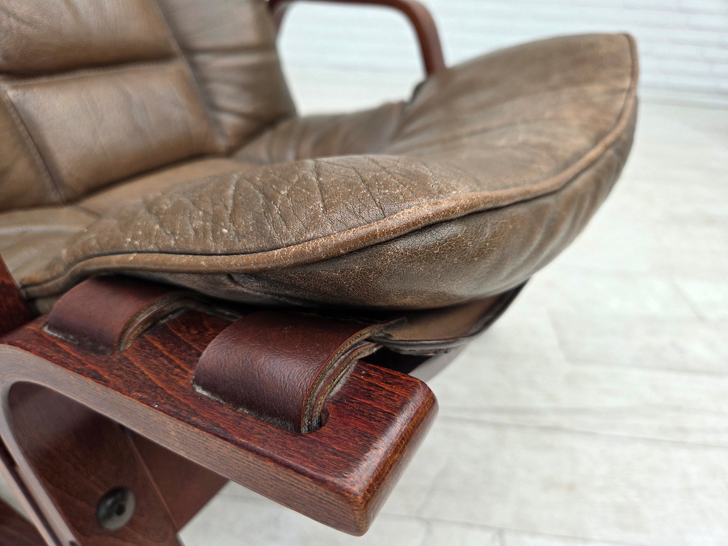 1970s, Norwegian lounge chair, furniture leather, bent wood.