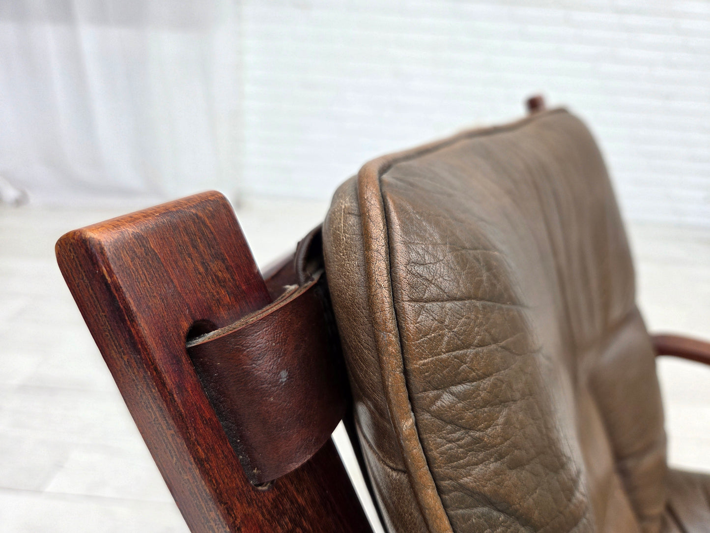 1970s, Norwegian lounge chair, furniture leather, bent wood.
