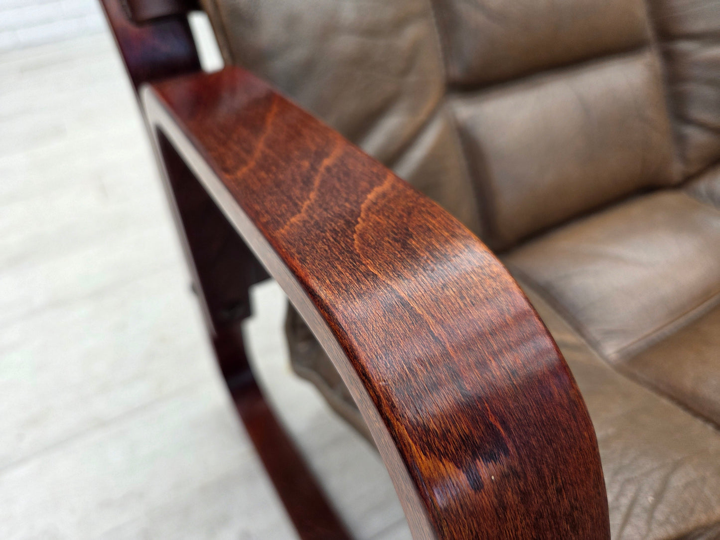 1970s, Norwegian lounge chair, furniture leather, bent wood.