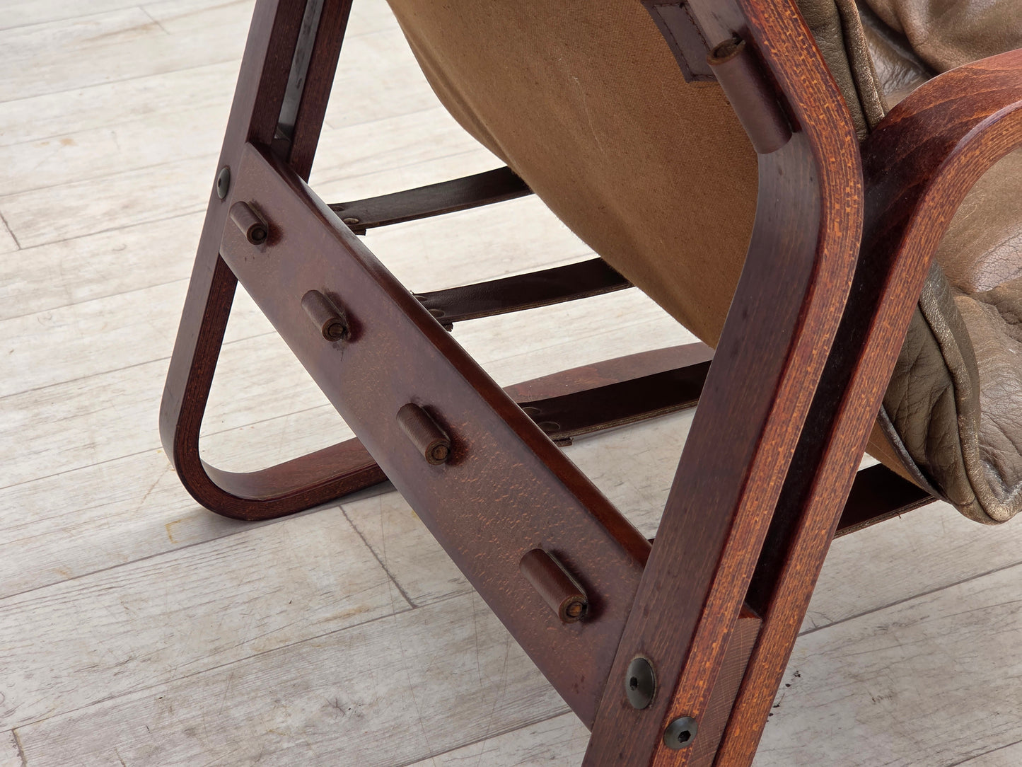 1970s, Norwegian lounge chair, furniture leather, bent wood.