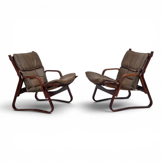 1970s, Norwegian lounge chair, furniture leather, bent wood.