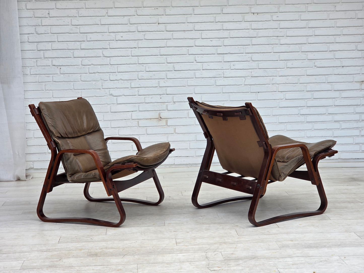 1970s, Norwegian lounge chair, furniture leather, bent wood.