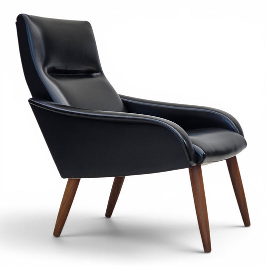 1970s, Danish armchair, black artificial leather, teak wood legs.