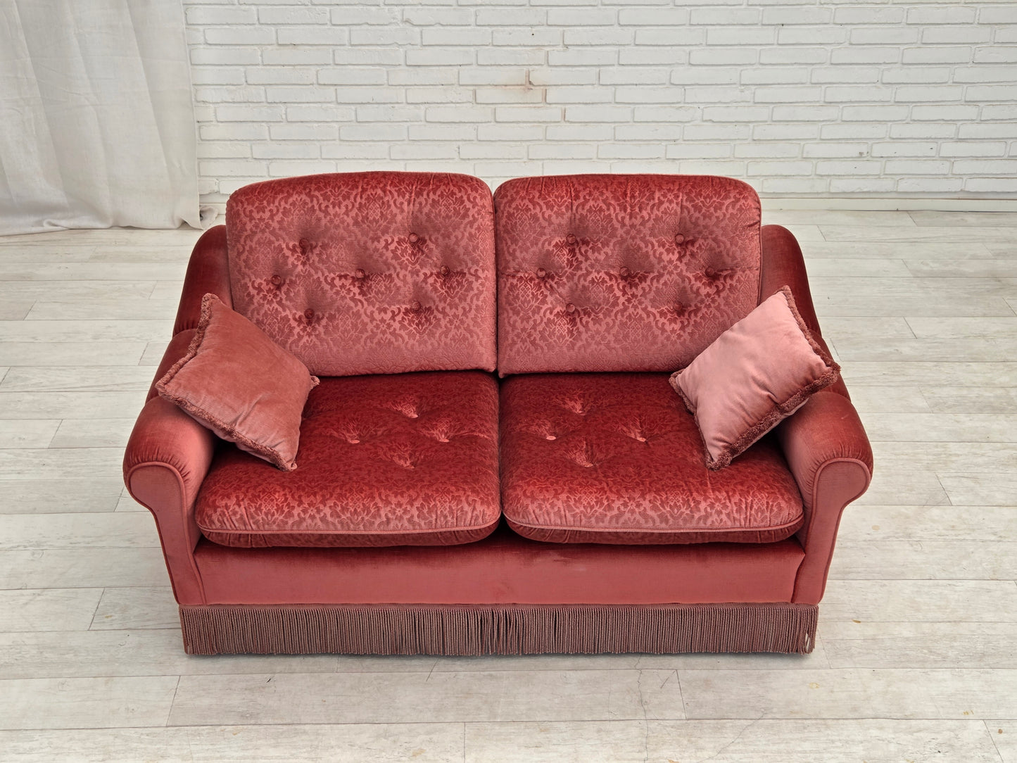 1980s, Scandinavian 2-seater sofa, pink furniture velour.