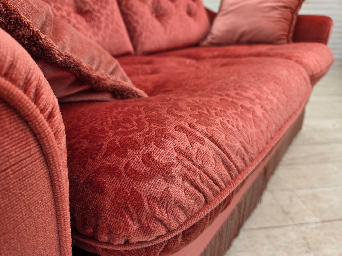 1980s, Scandinavian 2-seater sofa, pink furniture velour.