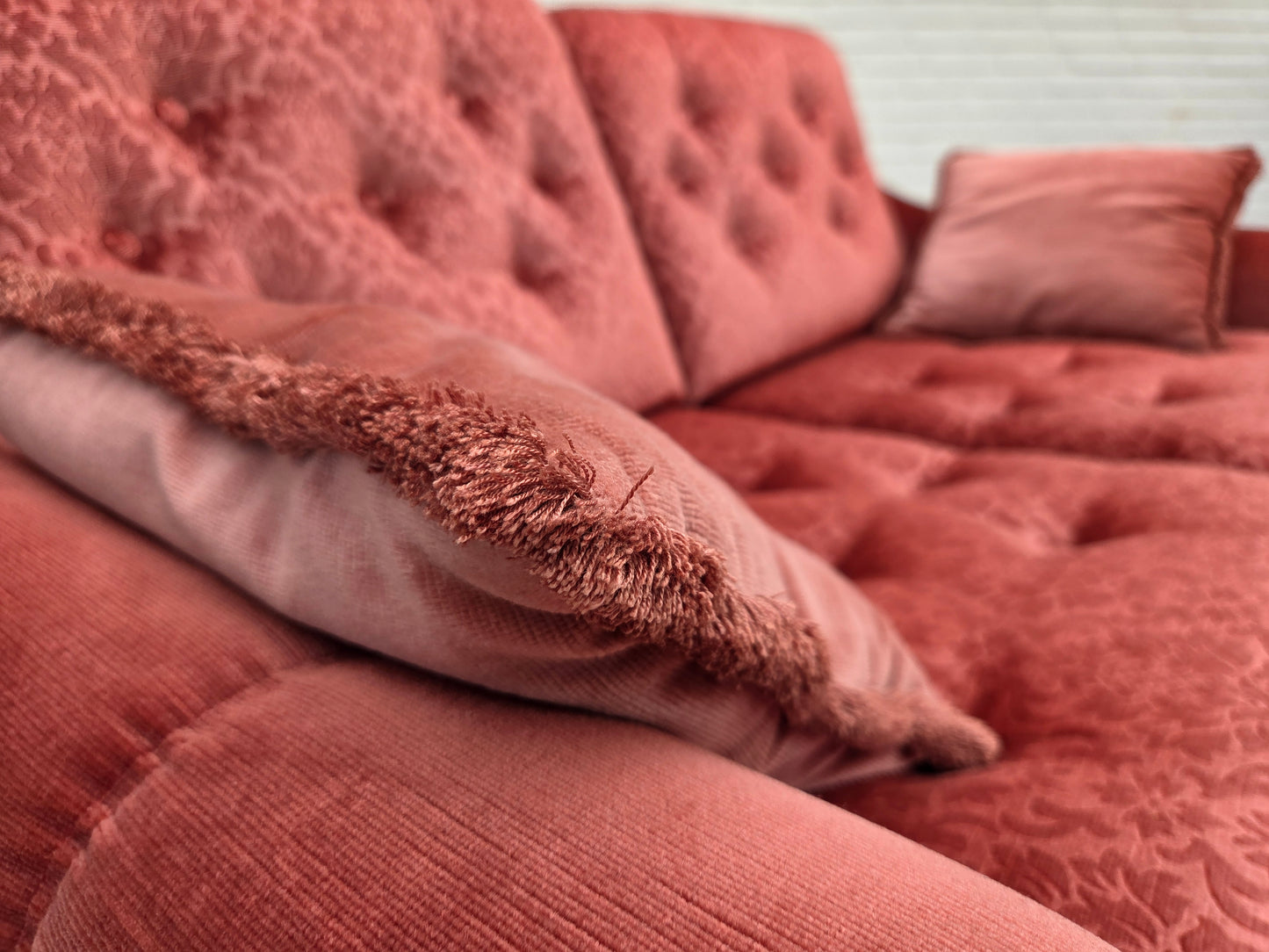 1980s, Scandinavian 2-seater sofa, pink furniture velour.