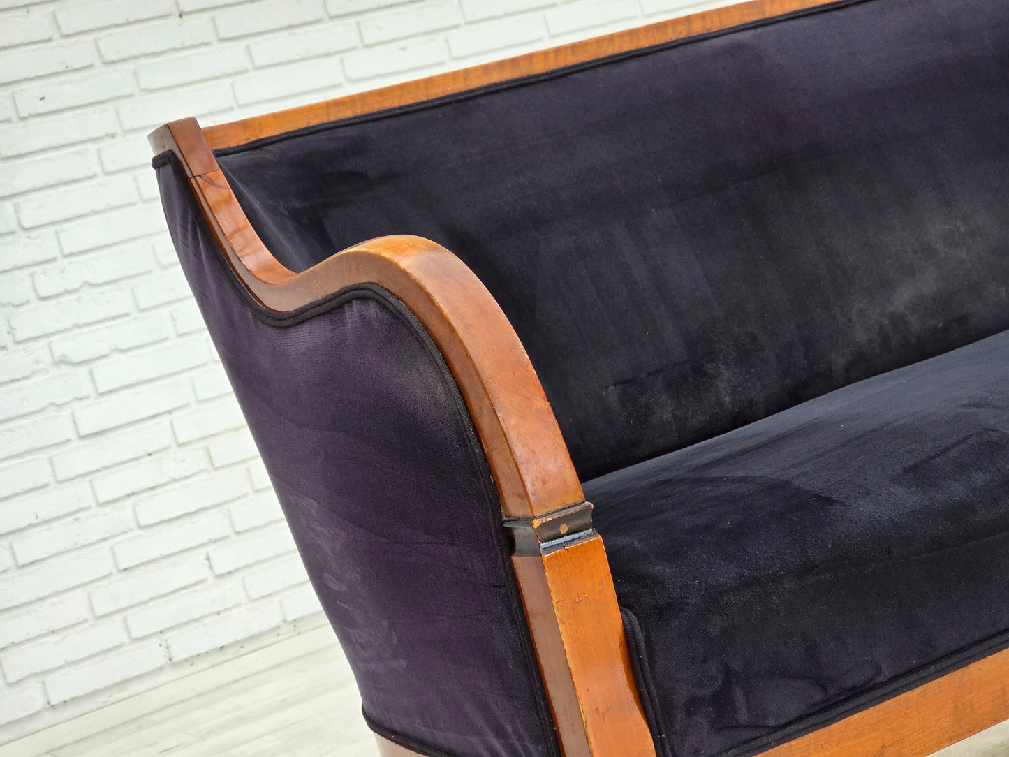 1950s, Danish art deco 2-seater sofa, ash wood, furniture velour.