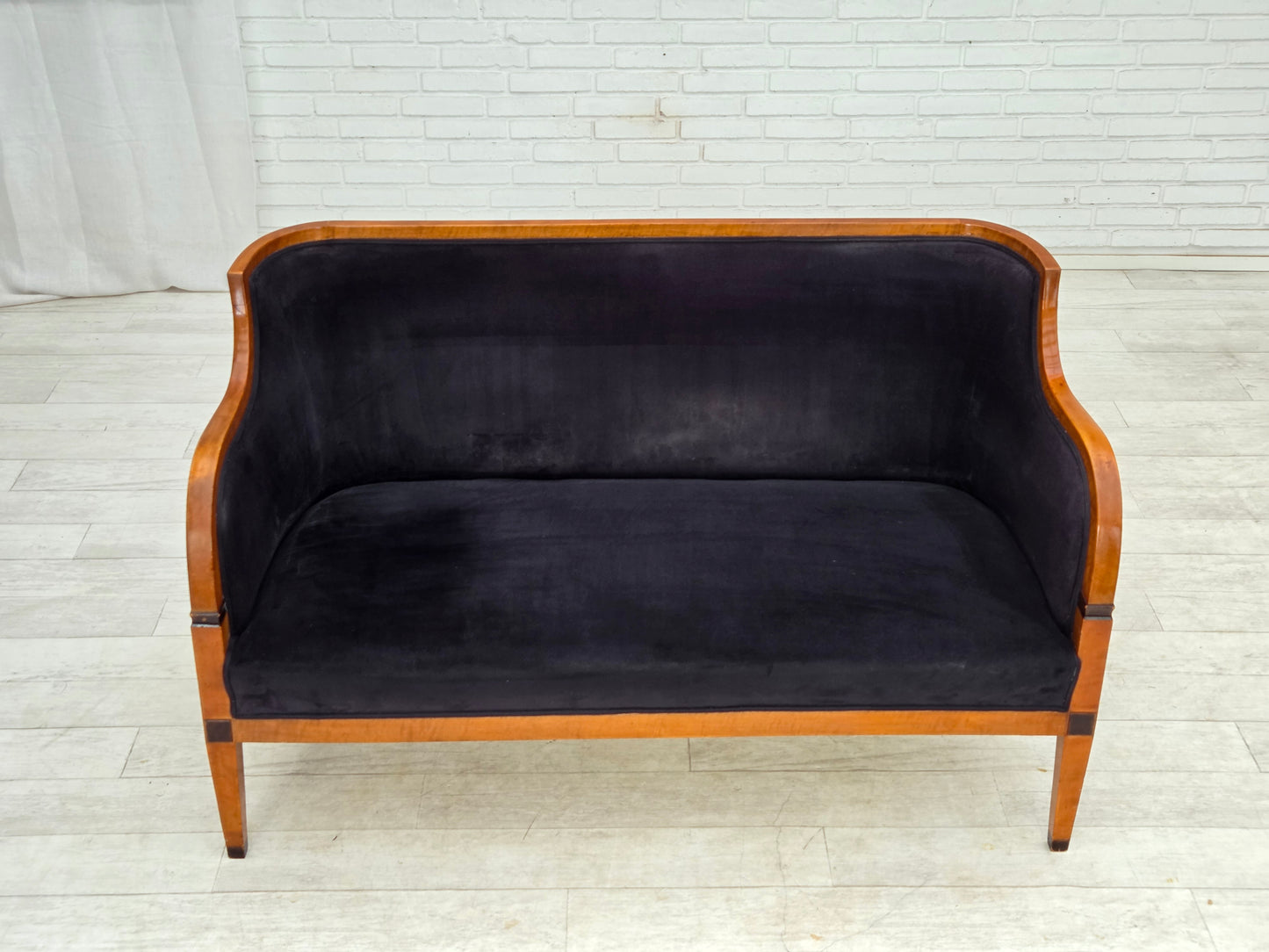 1950s, Danish art deco 2-seater sofa, ash wood, furniture velour.